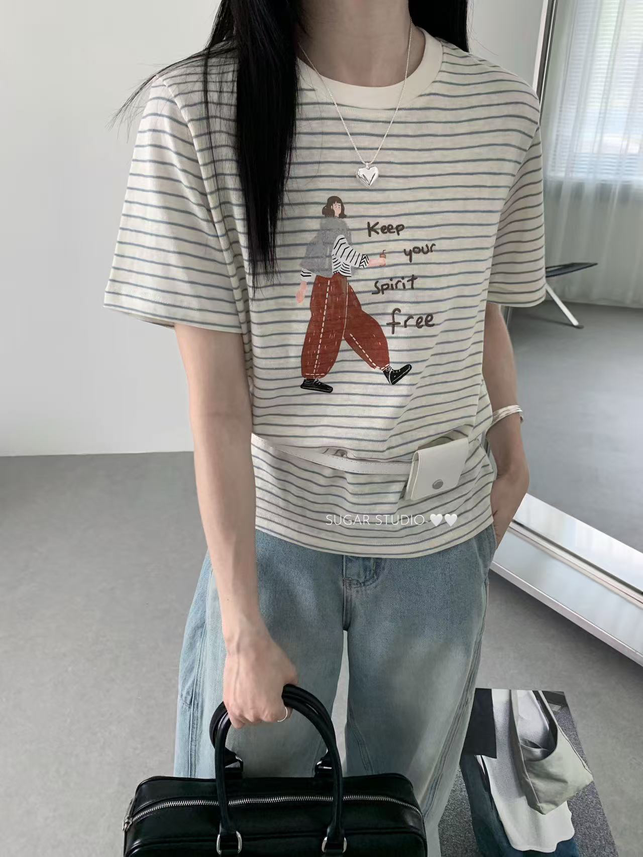 2113 条纹长腿女孩夏季休闲短袖