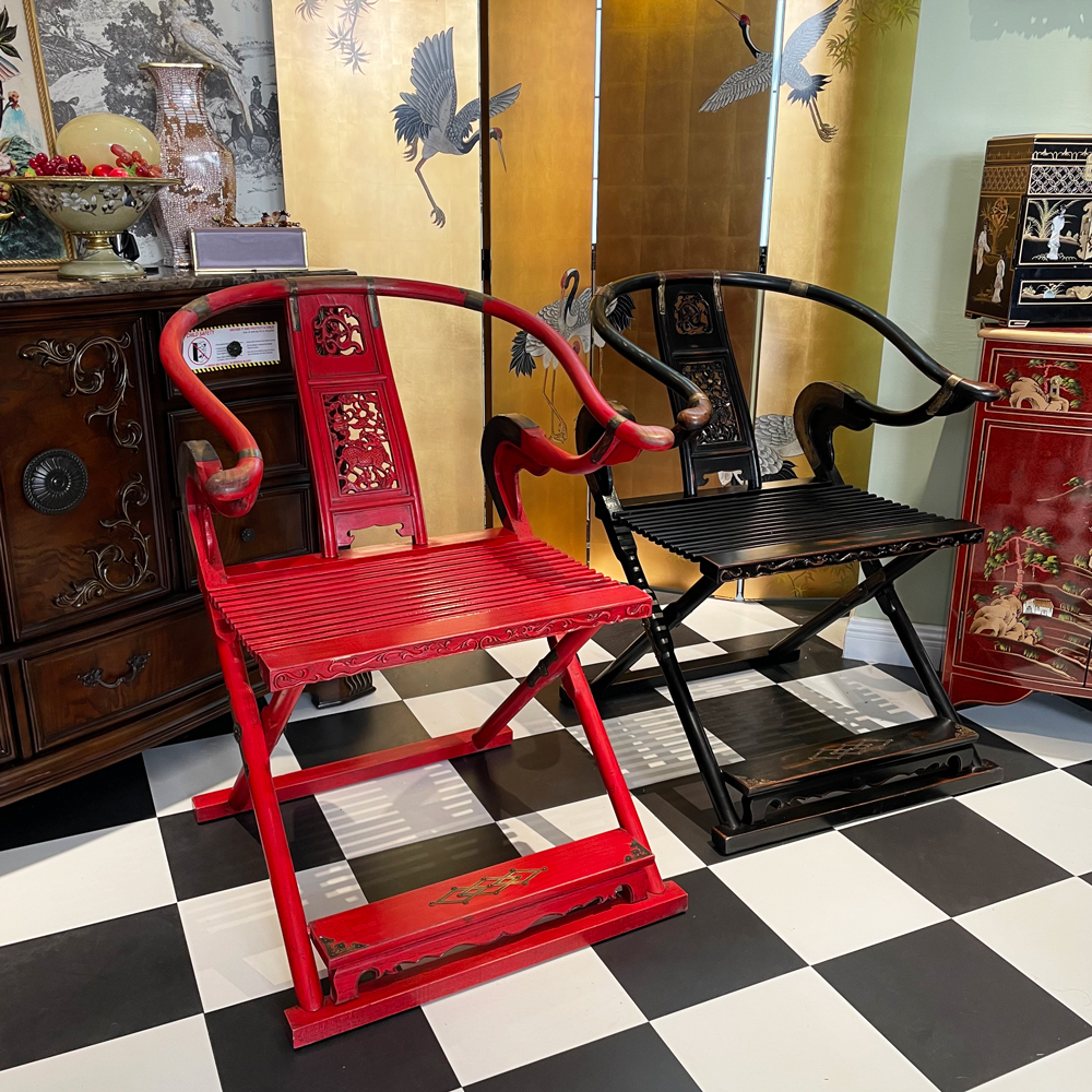 新中式古典藏款黑色红色交椅客厅玄关主人椅