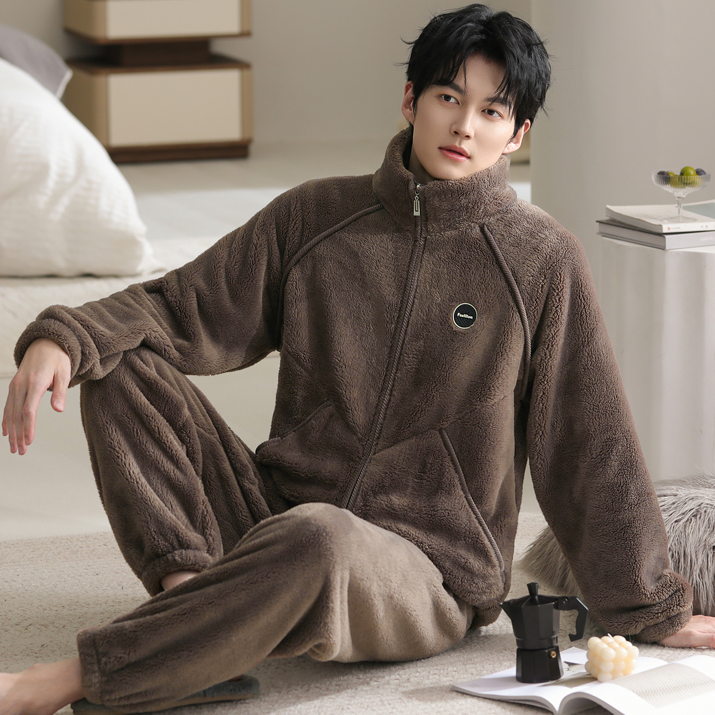 睡衣男秋冬加厚加绒法兰绒套装珊瑚绒家居服开衫拉链大码保暖冬装