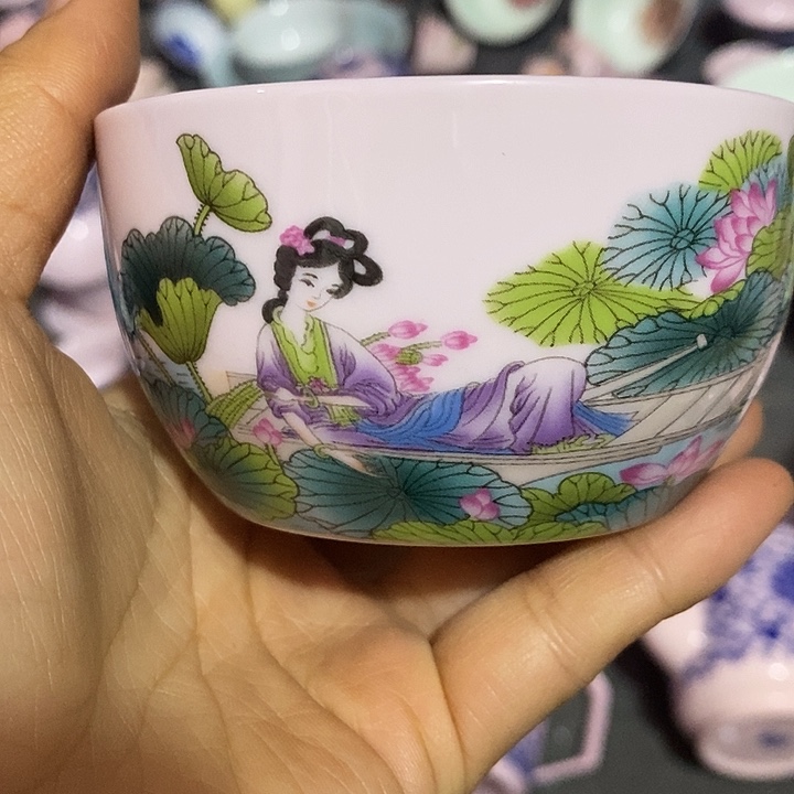 摆件陶红稀土荷花美女大缸杯