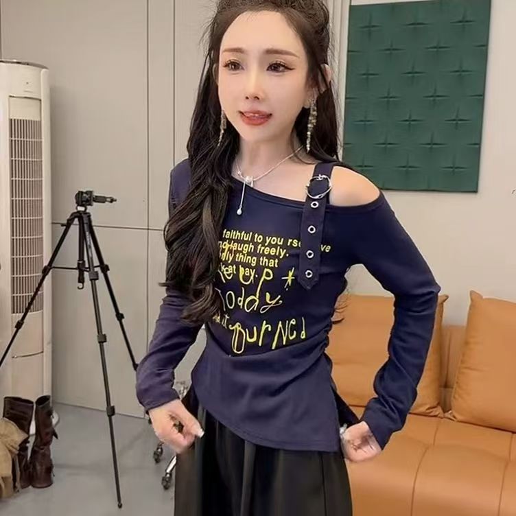 INS风印花长袖字母烫印可调节T恤秋季显瘦设计感时尚修身休闲上衣