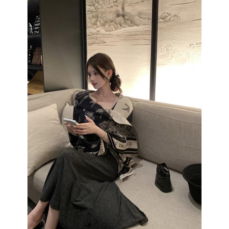 【水墨提花】披肩围巾轻奢中式双面印花高级感洋气气质仿羊绒T81