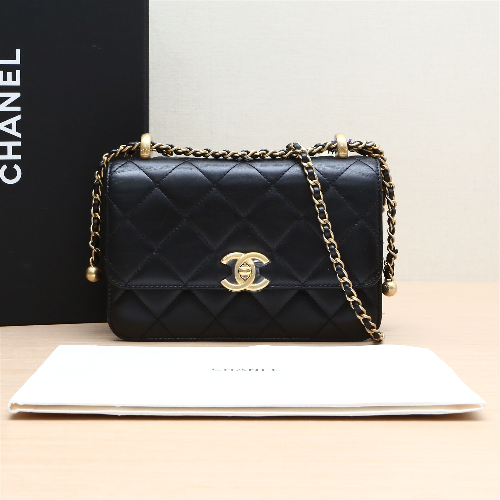 95新 Chanel/香奈儿 小花姑姑21A CF 口盖包 双金珠皮穿链芯片开