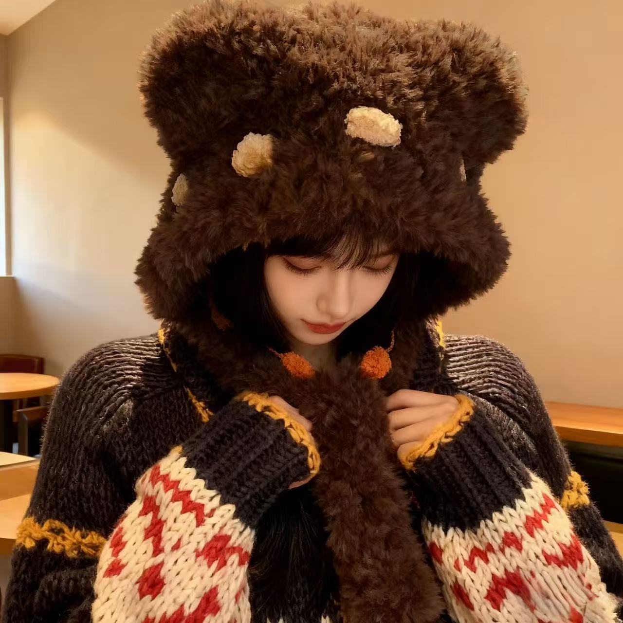 【622】小熊耳朵秋冬季网红时尚毛绒包头保暖百搭韩版潮款