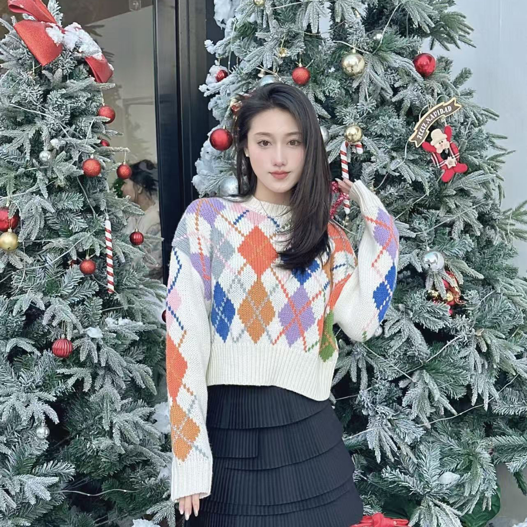 95新 MIU MIU/缪缪 aa3829 绵羊毛 彩色菱格毛衣 38码 