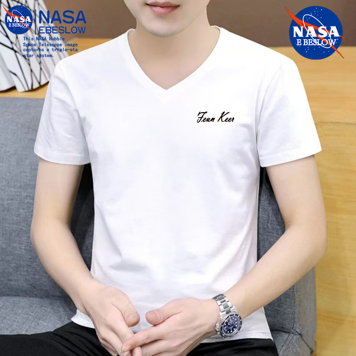 NASA新款V领短袖t恤男款宽松百搭半袖男士休闲背心印花