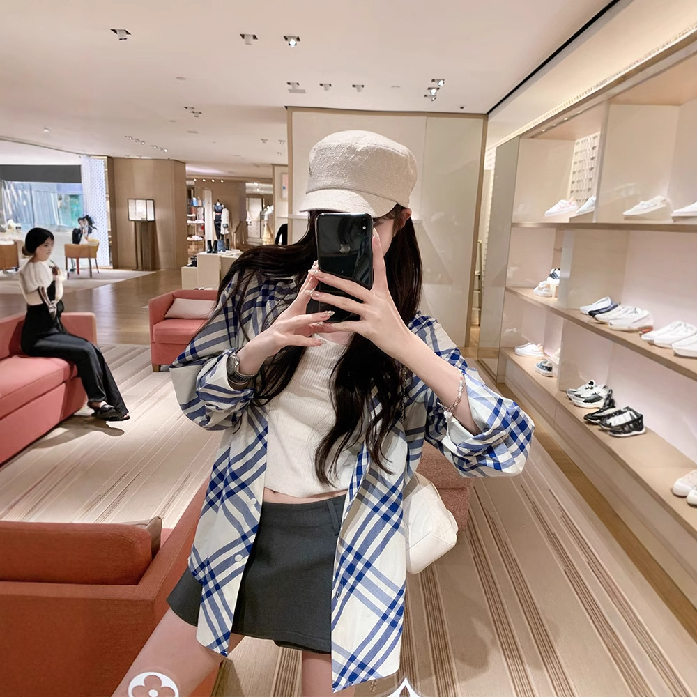 2024新款宽松条纹衬衫外套女薄款格纹格子翻领长袖上衣