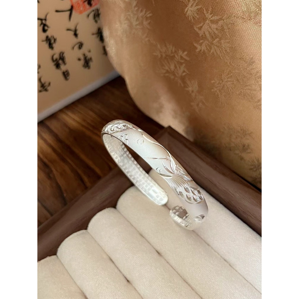 龙凤呈祥开口银手镯实心手环银999心经手饰中老年长