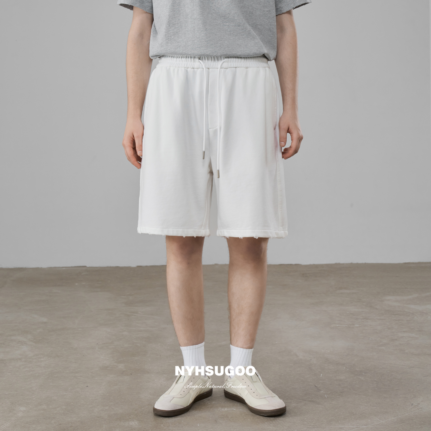 NYHSUGOO/南乙新品100%棉男士重磅380G卫衣面料短裤3672洗水磨破