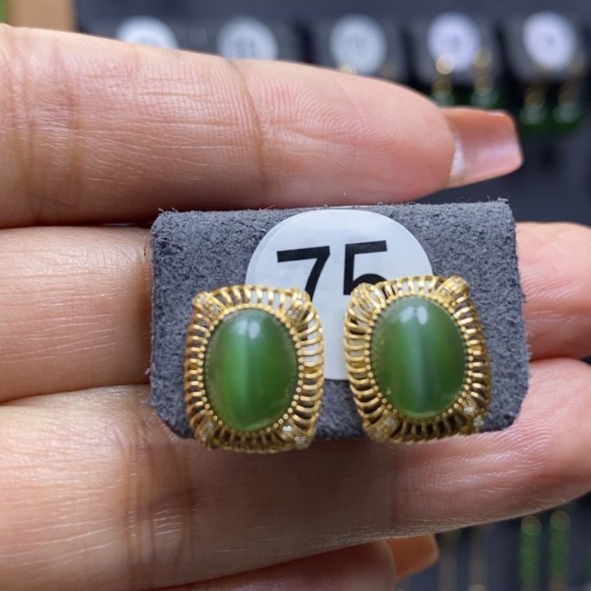 【闪购商品】和田玉耳饰18K金镶嵌10mm猫眼重金耳饰