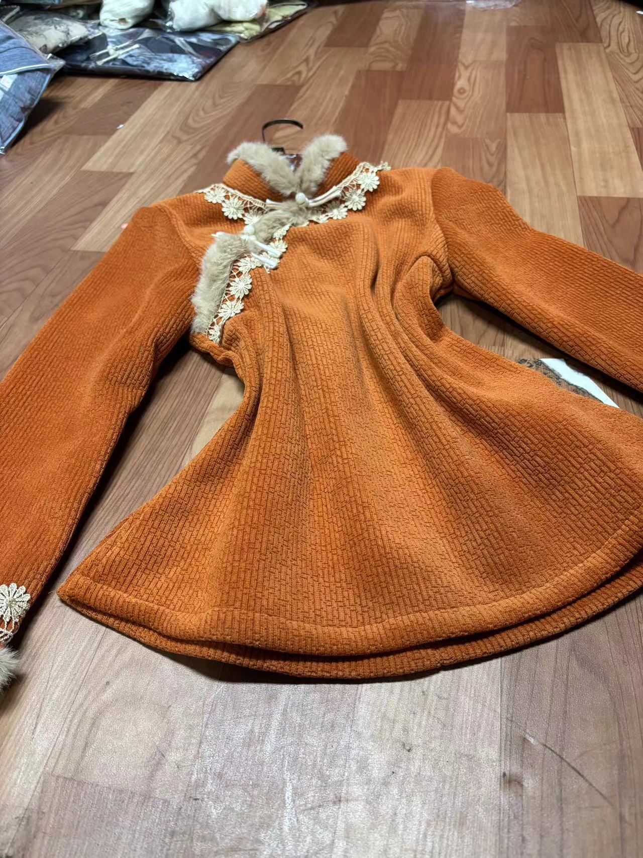 786-橘色 蕾丝边 加厚 小上衣旗袍 