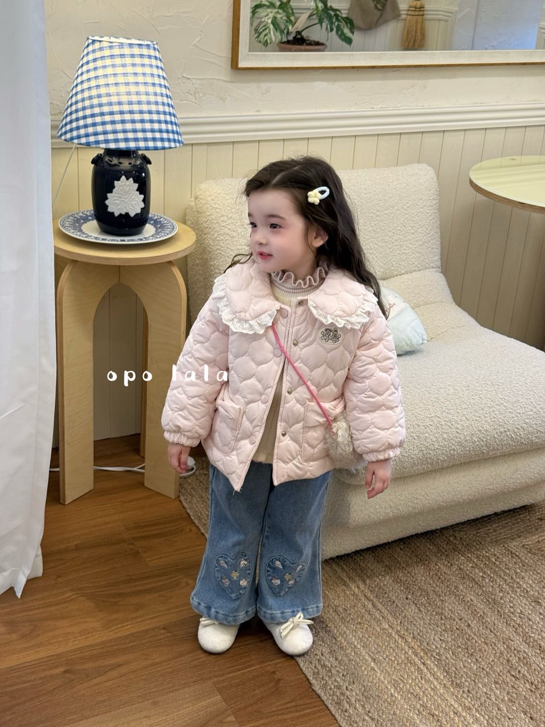opolala  2025女童秋冬娃娃领卡通棉服外套甜美可爱洋气