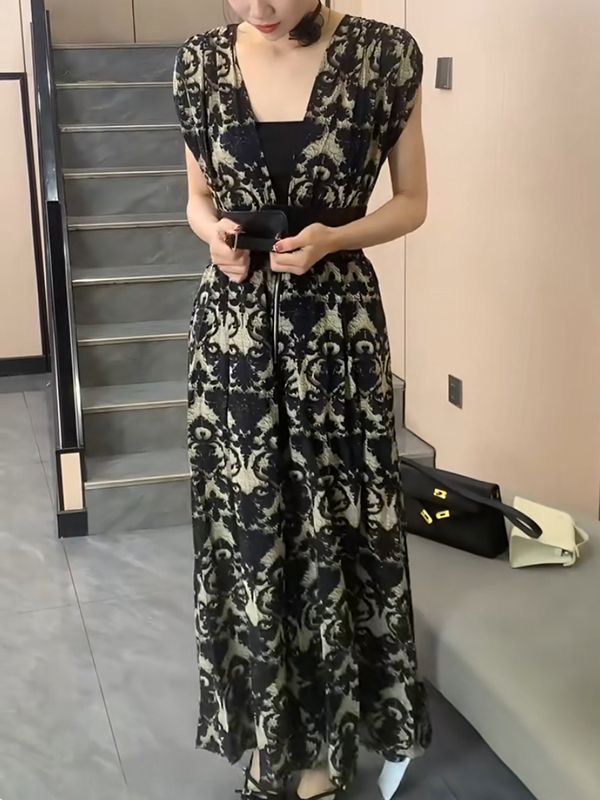 抹胸+腰带+连体裤复古印花松紧显瘦V领时尚洋气短袖连体长裤女