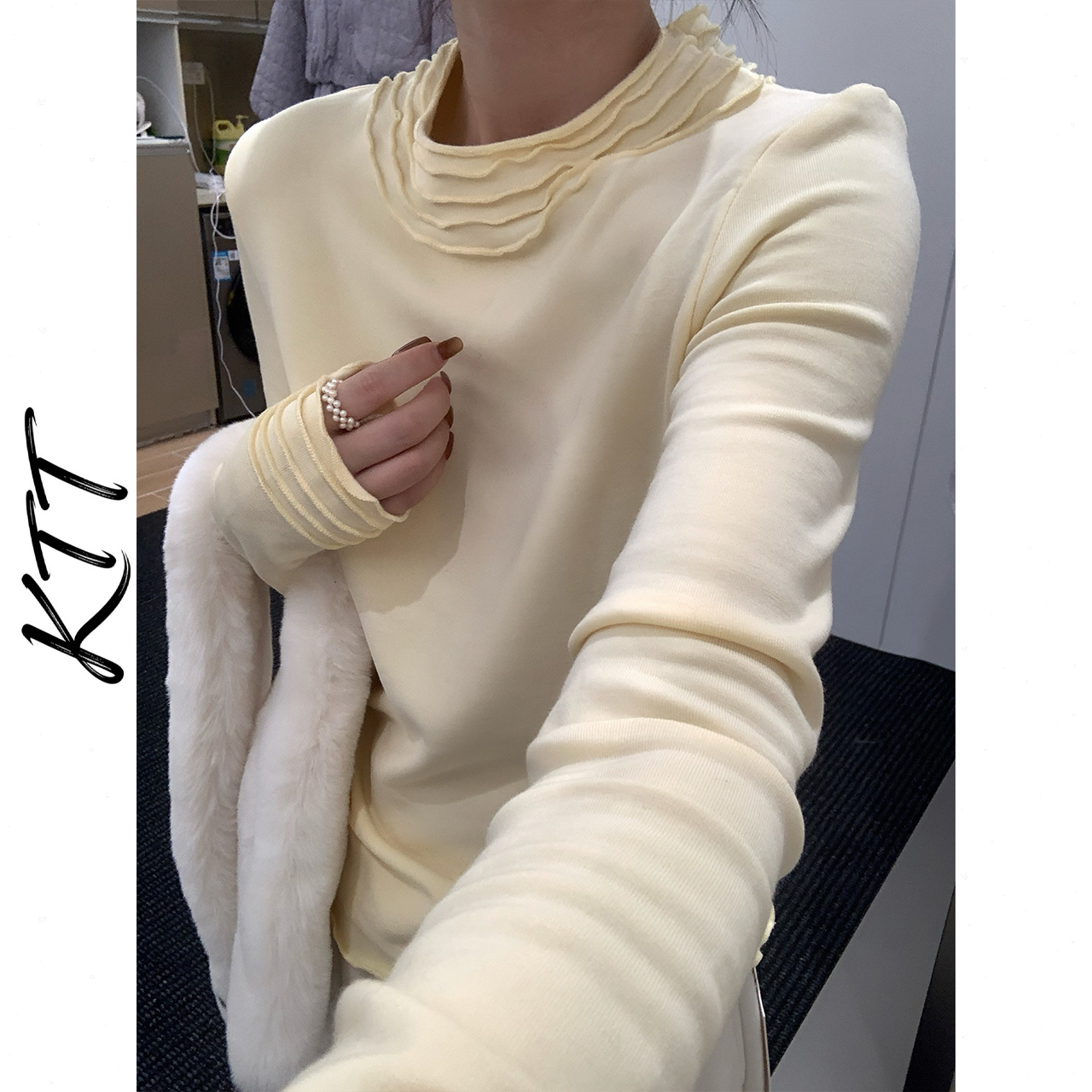 花瓣领打底长袖上衣女2025花边袖波浪设计加薄绒弹力T恤百搭纯色