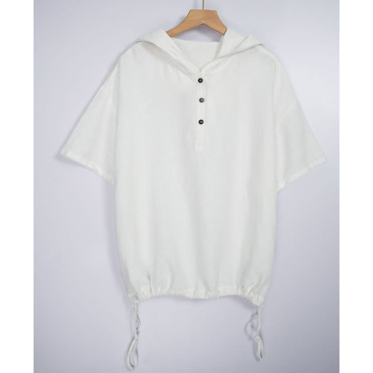 福禧·爱尼夏季新款时尚百搭纯色亚麻连帽短袖1077