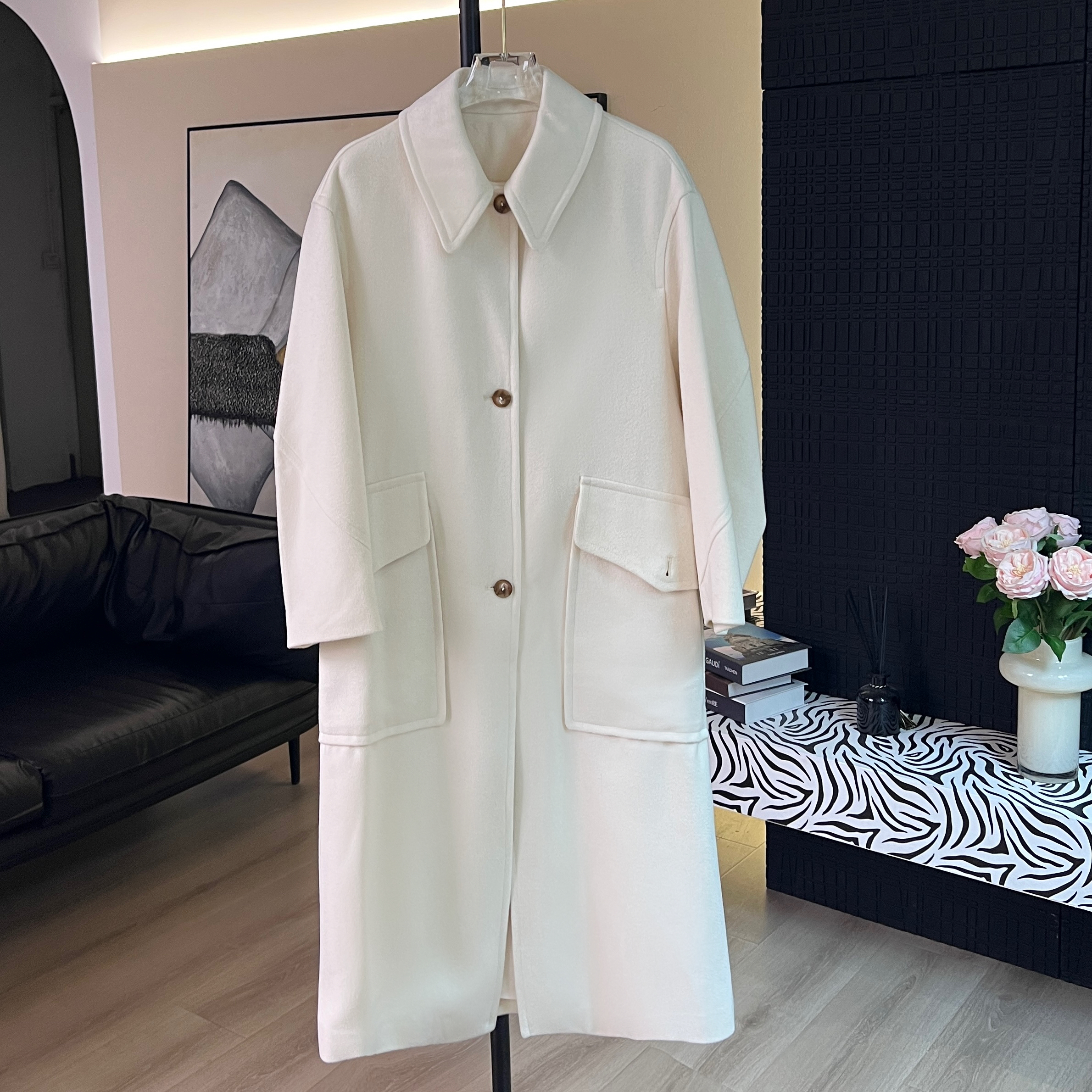 ANGELIAORIGINAL羊毛骆驼绒桑蚕丝气质百搭秋冬白色毛呢大衣#342