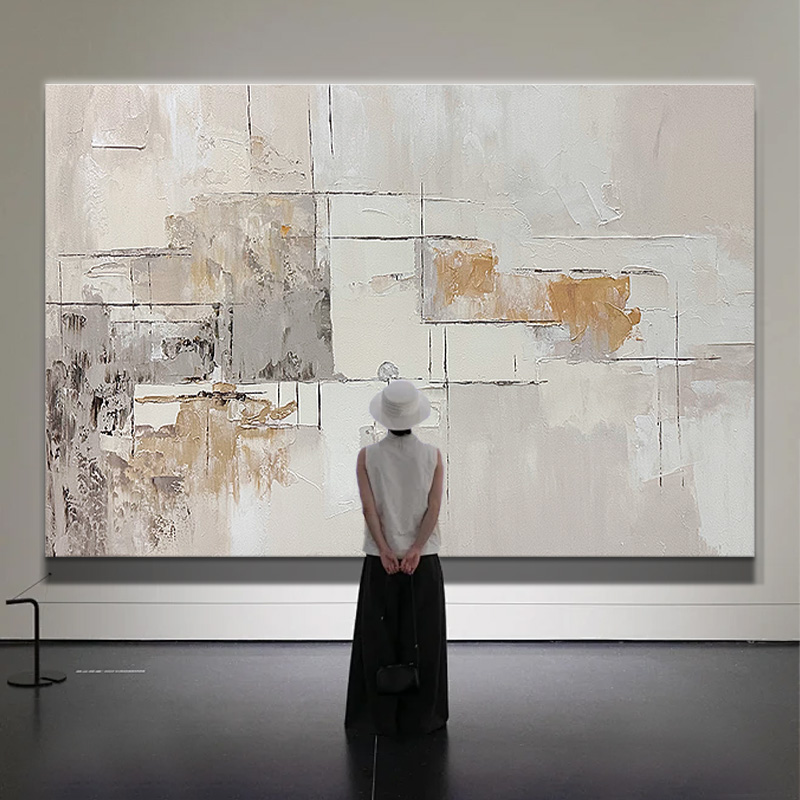 手绘油画现代极简【灰迹】赤贫小众挂画餐厅客厅墙壁立体横幅抽象画