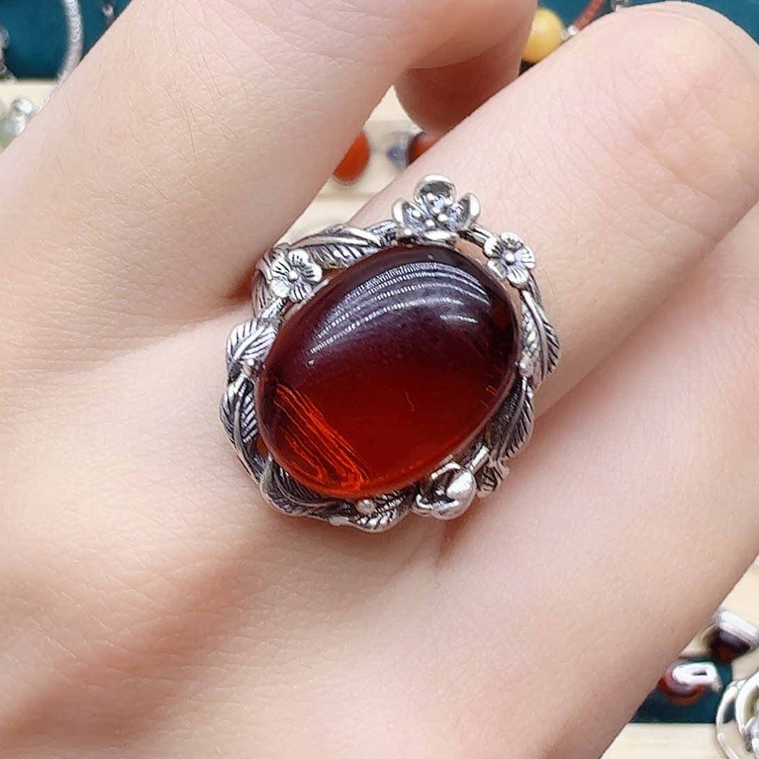 血珀戒指银S925镶嵌天然