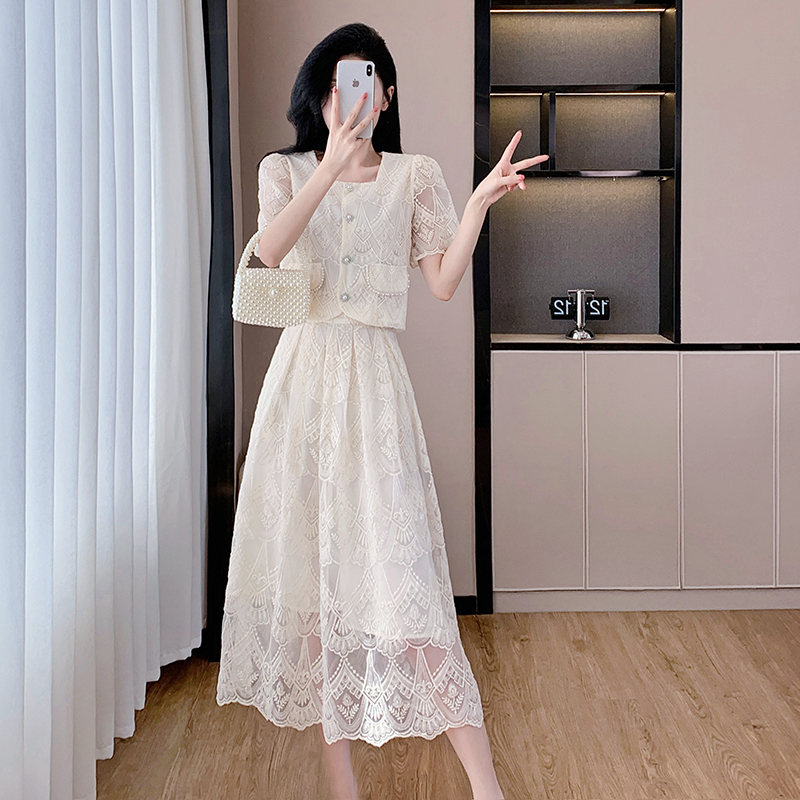 【RG5876】2025年新款蕾丝显瘦气质白色时尚夏季法式收腰轻奢套装