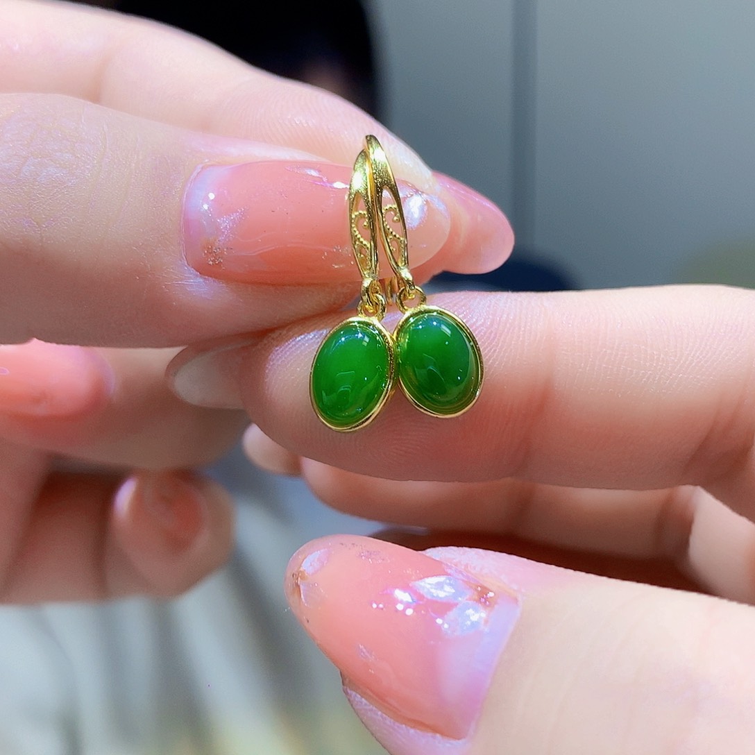 银S925镀金镶嵌和田玉（碧玉）耳饰