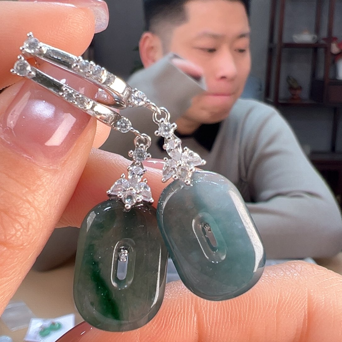 翡翠耳饰银S925镶嵌耳环1