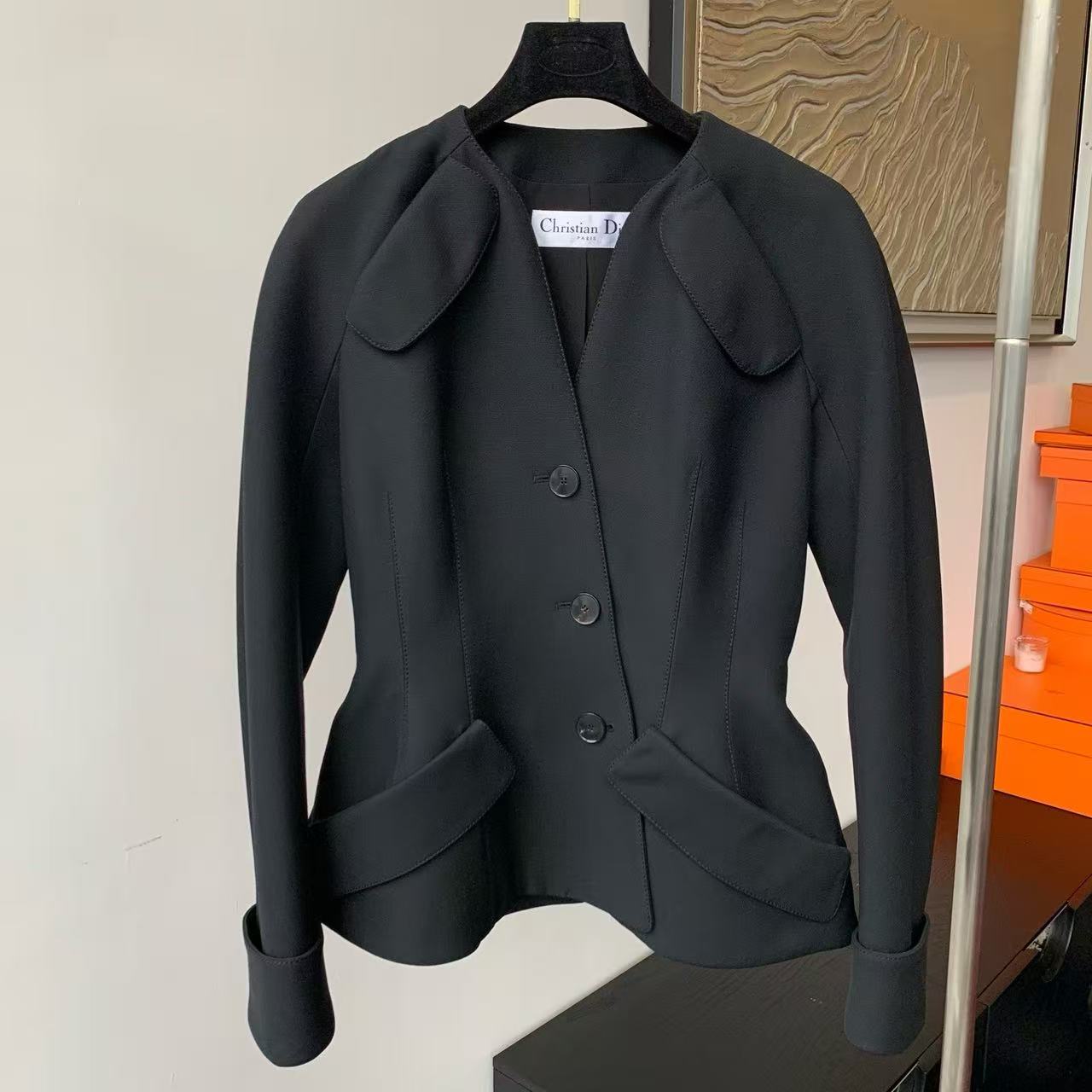 99新 DIOR/迪奥 秀款黑色无领结构休闲收腰外套 34码