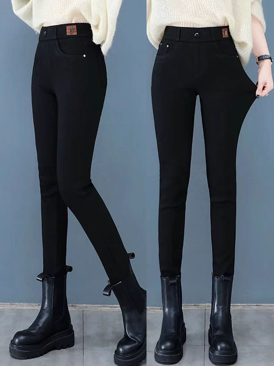 牛仔裤女冬季加绒加厚弹力高腰显瘦大码外穿松紧腰春秋小脚铅笔裤