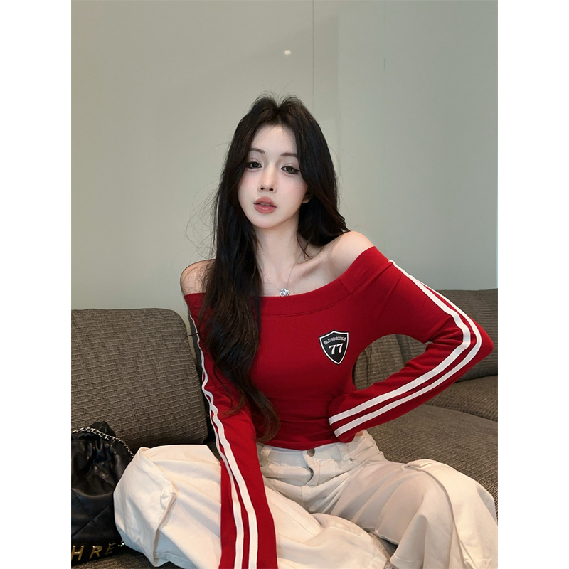 美式辣妹一字肩双面印花短上衣女装秋季两穿修身显瘦长袖T恤新款
