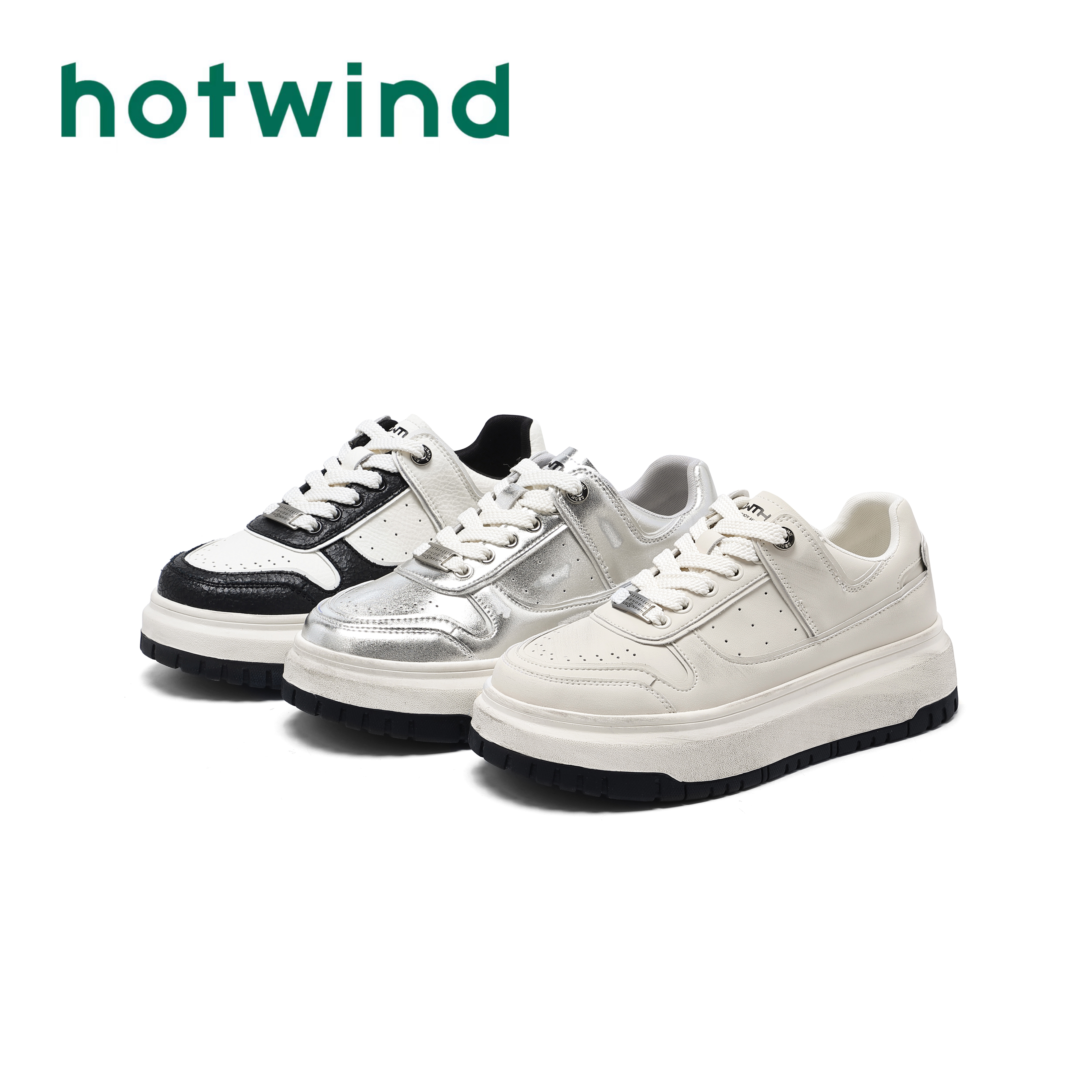 Hotwind/热风厚底增高锁扣小白鞋女2025秋季新款百搭运动休闲板鞋