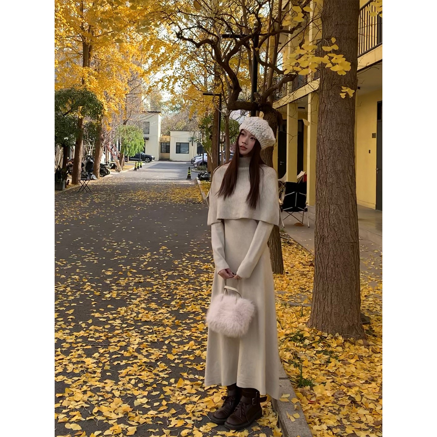 【HRG】冬季韩系气质温柔大姐姐斗篷修身两件套连衣裙998054#