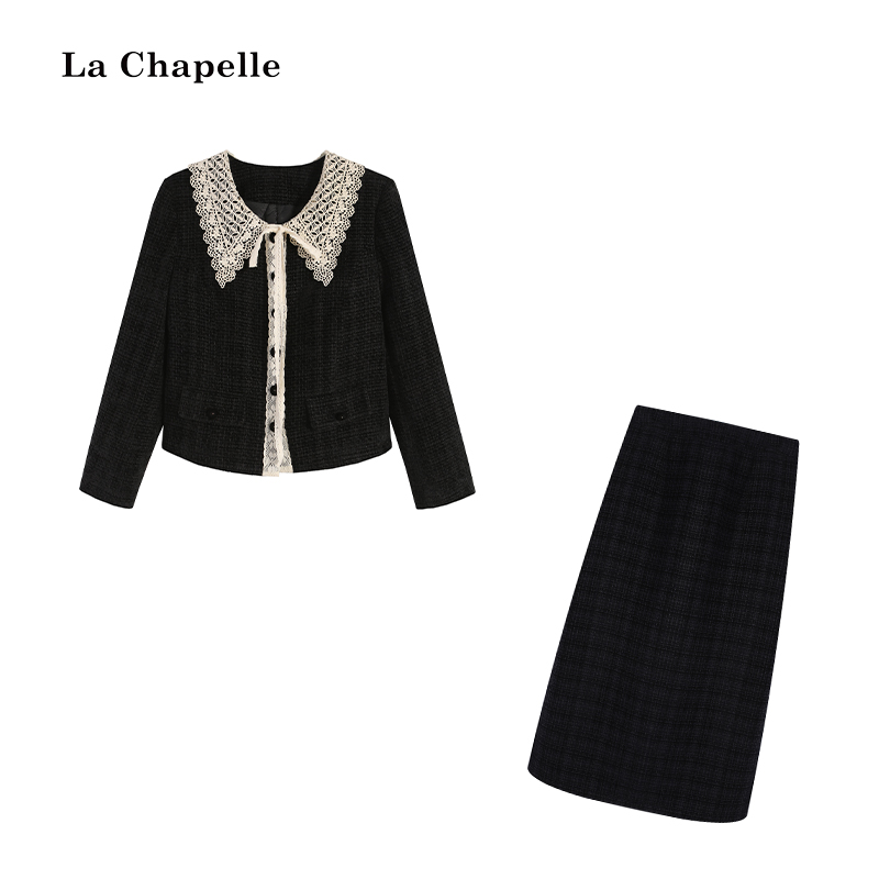 拉夏贝尔Homme/【冬日限定】冬季法式气质黑色显瘦套装LA5ZL112417