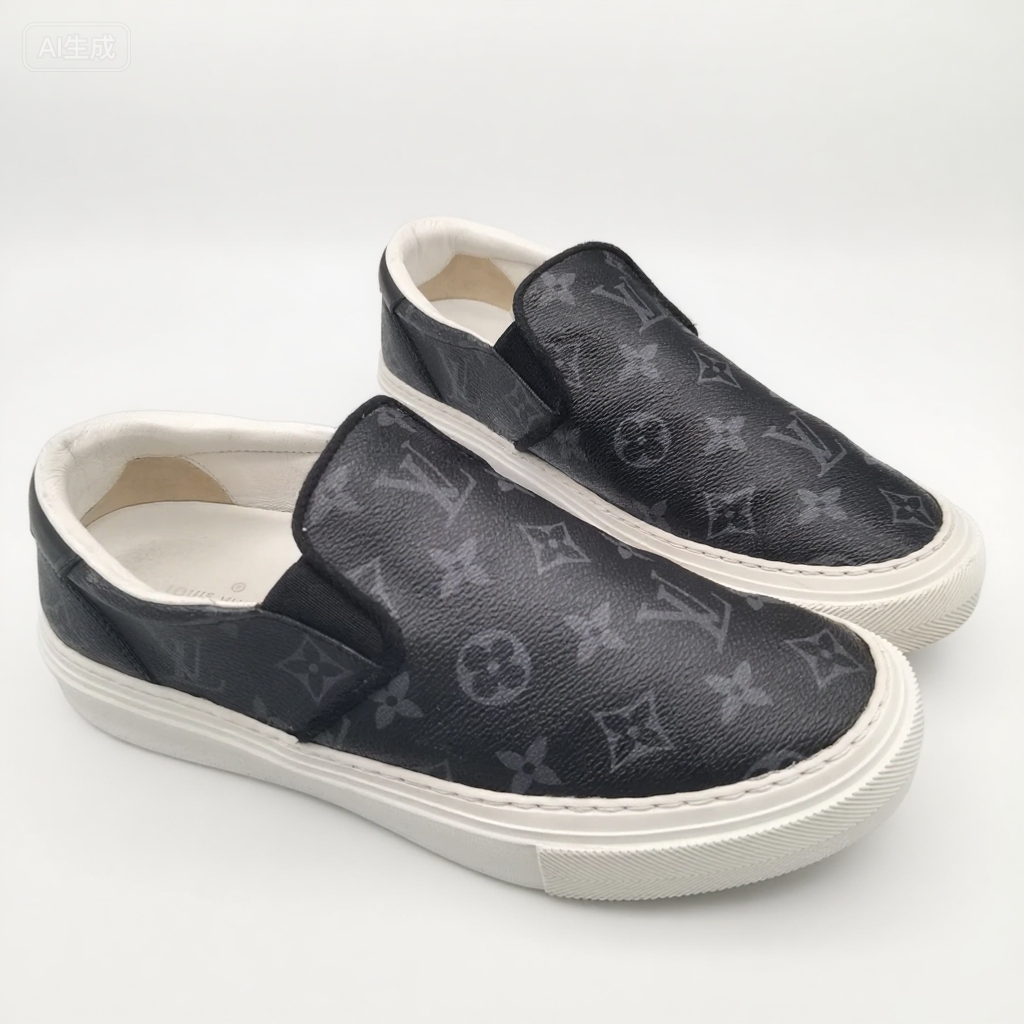 95新 LouisVuitton/路易威登 黑灰色满印老花一脚蹬板鞋5欧VS0007
