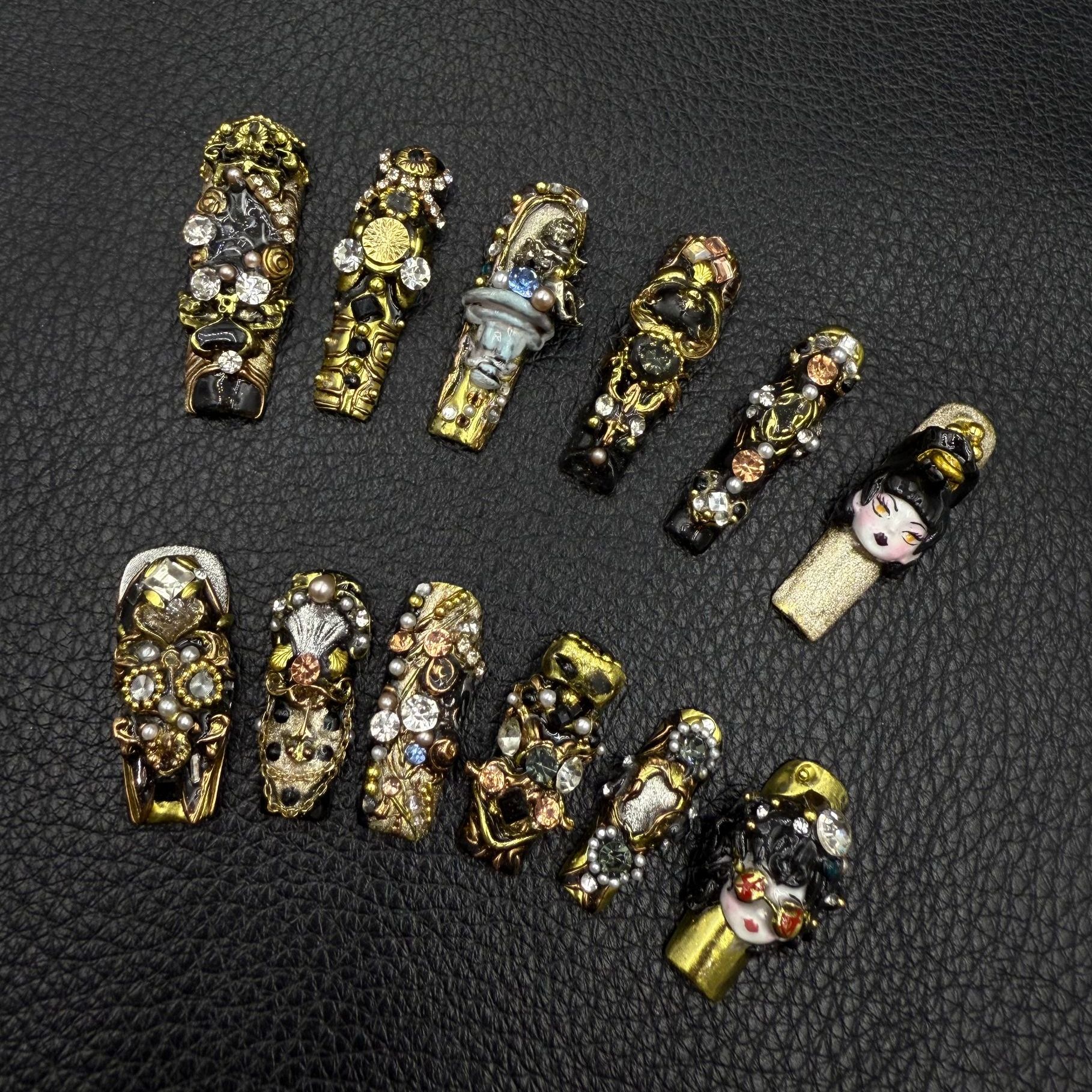 安夏 黑金王朝12片 纯手工穿戴甲贴片高级重工设计私定娃娃款