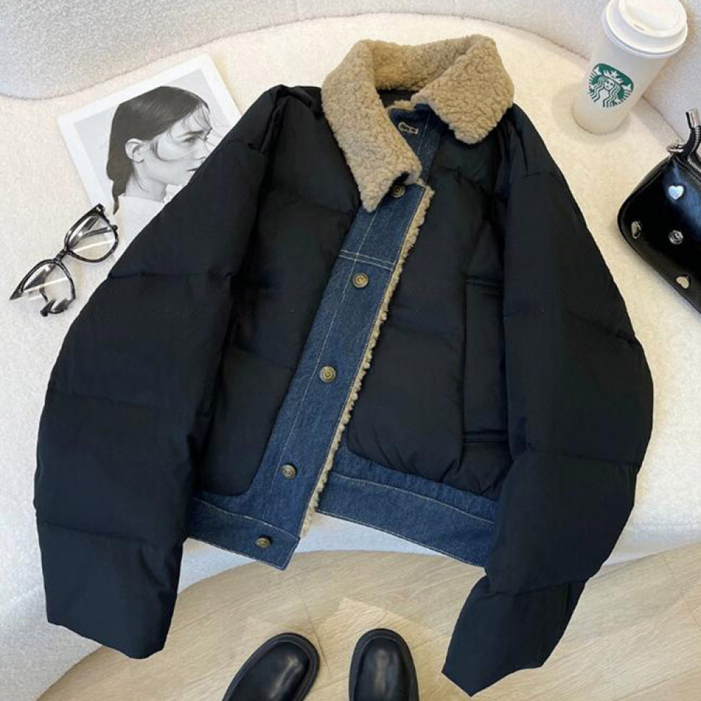 2025冬季新款高端时尚牛仔拼接黑色短款棉服女设计感小众外套女