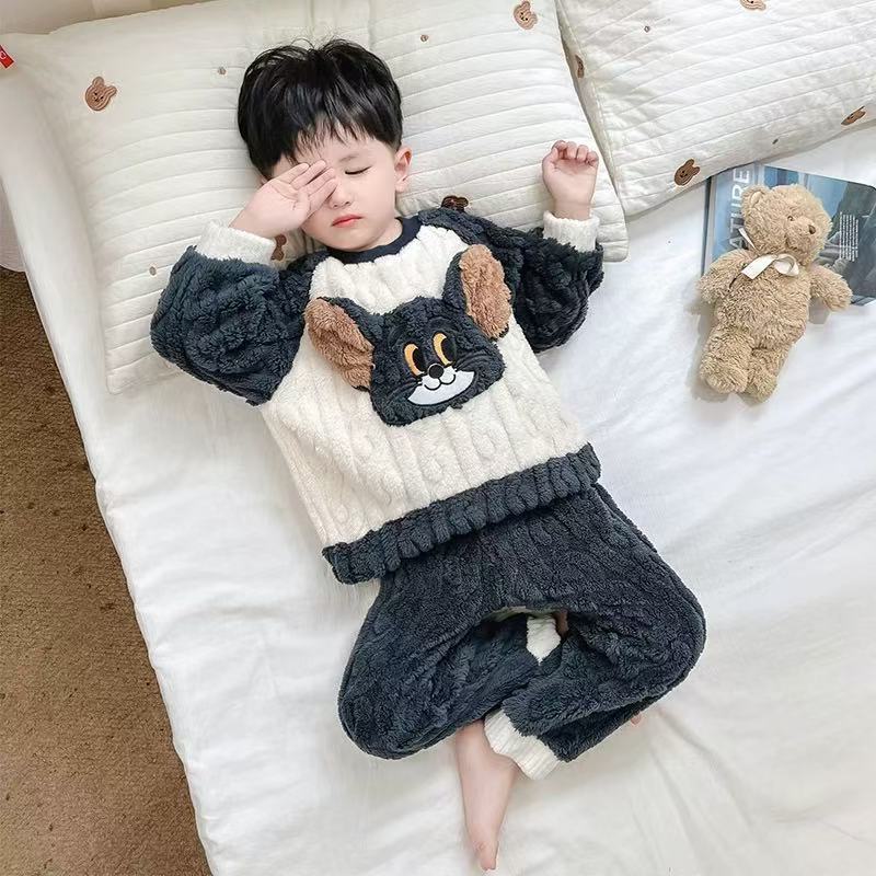 儿童睡衣男童秋冬季珊瑚绒加厚法兰绒家居服男孩宝宝保暖卡通套装