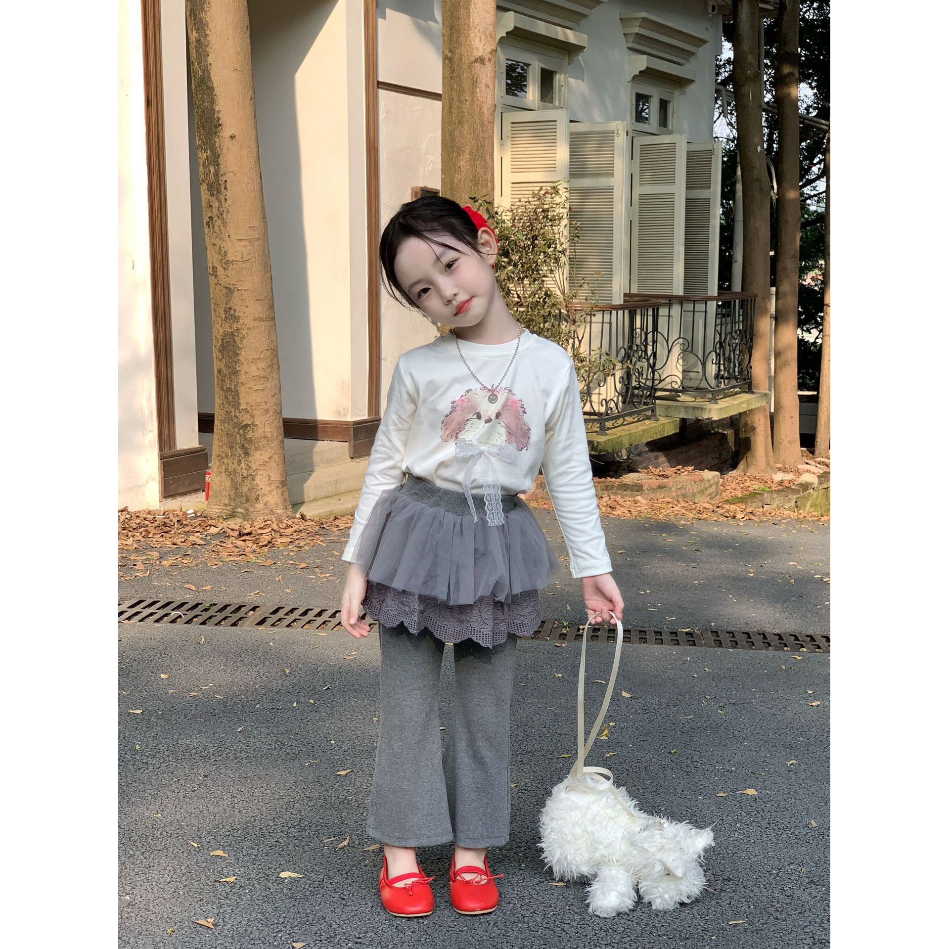 小粉象 ·女童2025秋季新款韩版蕾丝小狗打底衫屁帘裤开衫套装