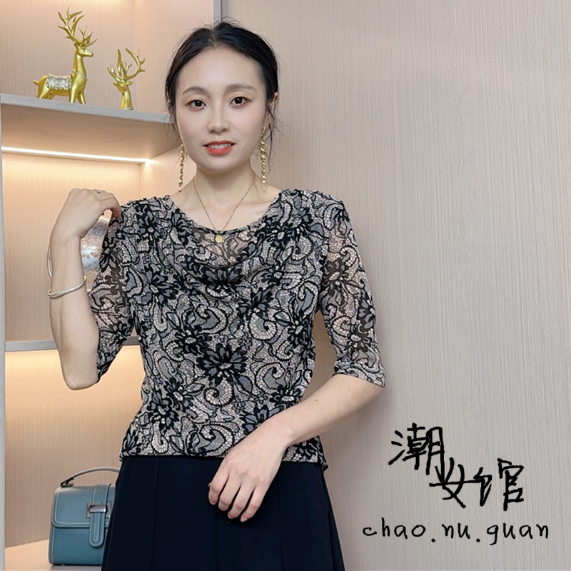 春夏季新款时尚休闲洋气百搭堆堆领上衣修身显瘦气质T恤打底小衫