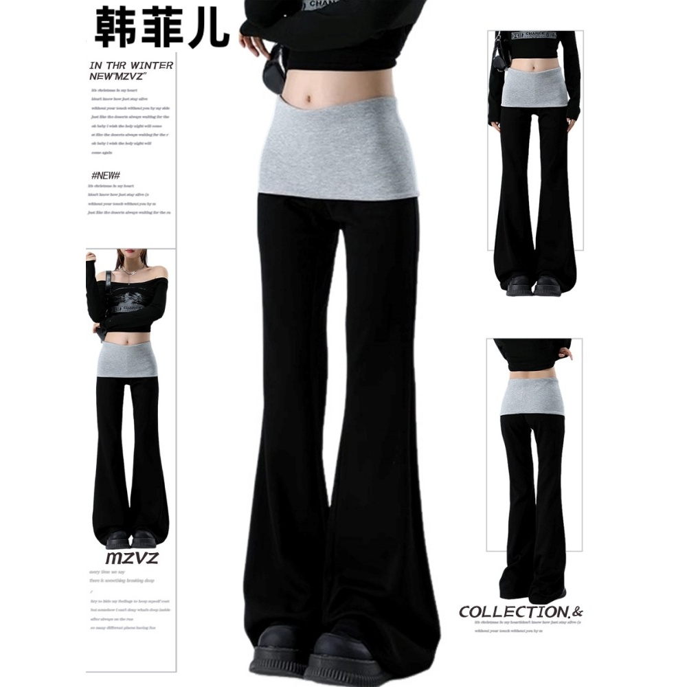 抖音质量美式黑色休闲微喇叭裤女2025新款显瘦百搭拼接阔腿运动裤