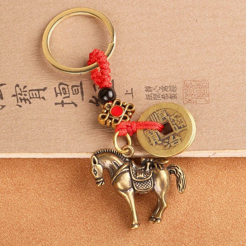 【纯黄铜】2026新款复古黄铜立体马生肖马上蝇五帝绳钥匙扣挂件礼品
