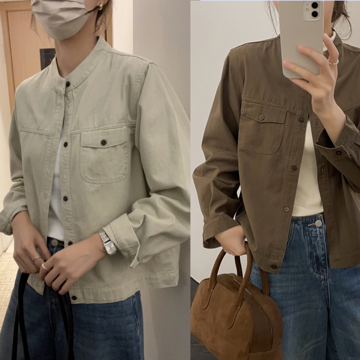 「100%棉小立领外套」成衣水洗斜纹棉洋气春季韩版休闲工装夹克S001