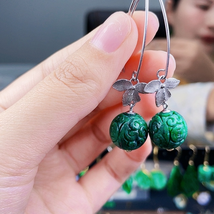 翡翠耳饰银S925镶嵌饰品