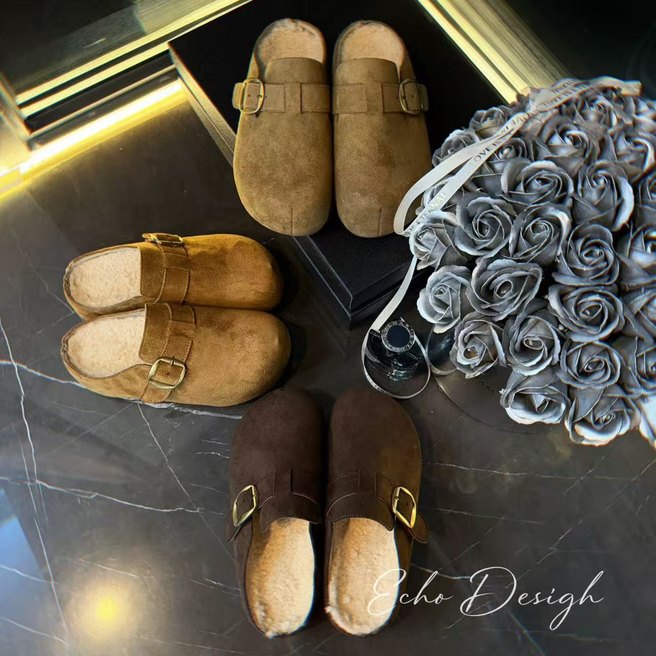 【ECHO】'单搭扣经典款勃肯拖鞋‘厚底内增高加绒加厚一脚蹬女鞋秋冬