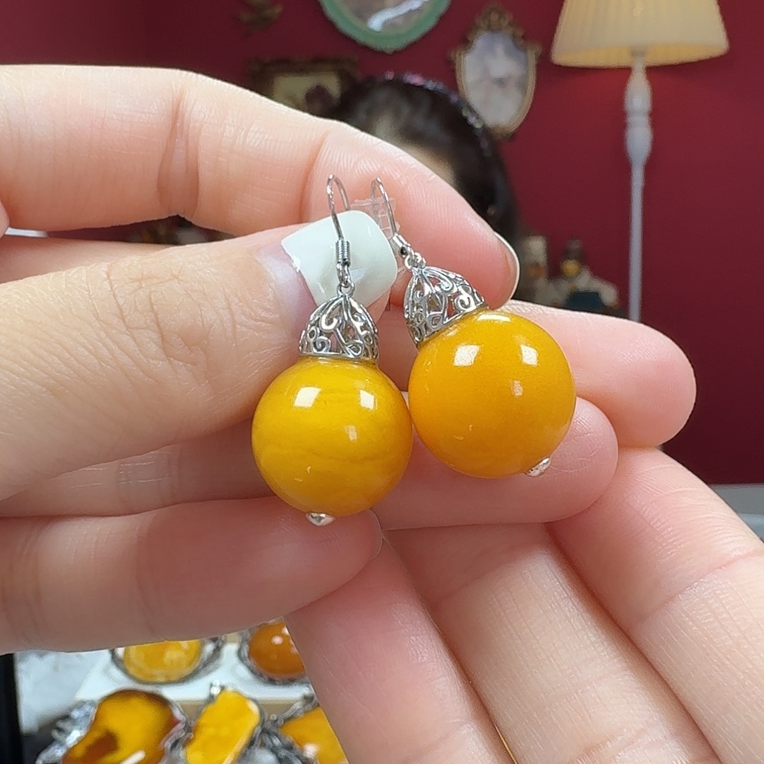 蜜蜡银S925镶嵌耳饰耳坠