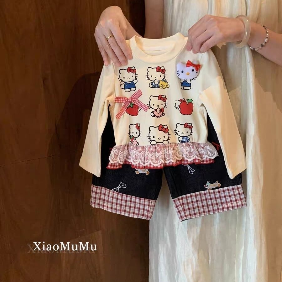 女童套装2025秋季新款洋气儿童花边印花两件套长袖牛仔裤宝宝套装