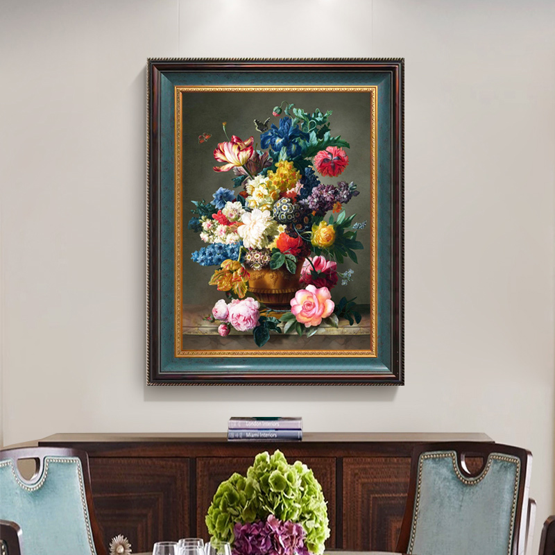 u作【花开盛宴】手绘油画玄关餐厅装饰画古典欧式美式挂画实木框