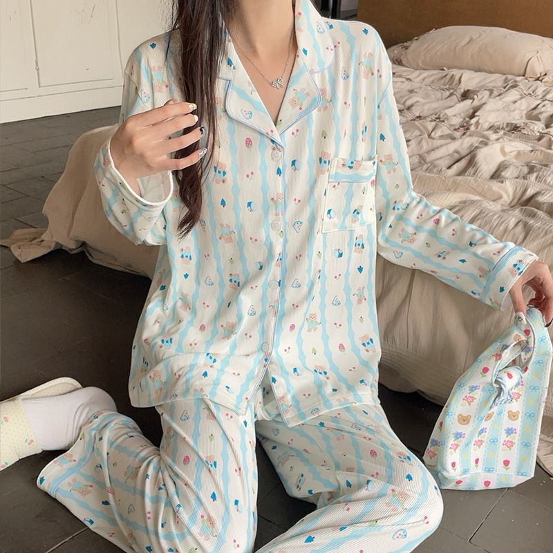 [螺纹德绒】秋冬季新款女小熊翻领长袖长裤宽松舒适亲肤家居服睡衣