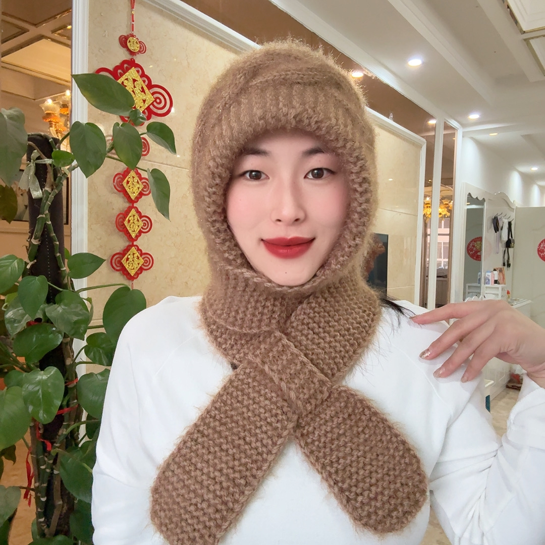 【送口罩】棋盘格麻花风雪帽女冬季加厚针织毛线帽子围巾护耳一体帽