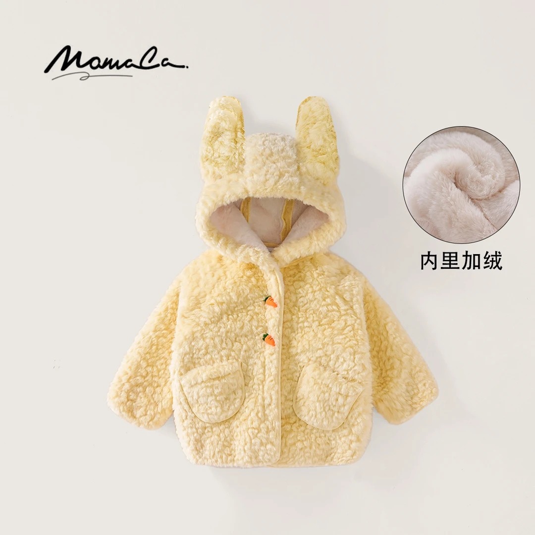 MOMOCO女童2025冬新款可爱小兔黄加厚加绒保暖大衣77830107024