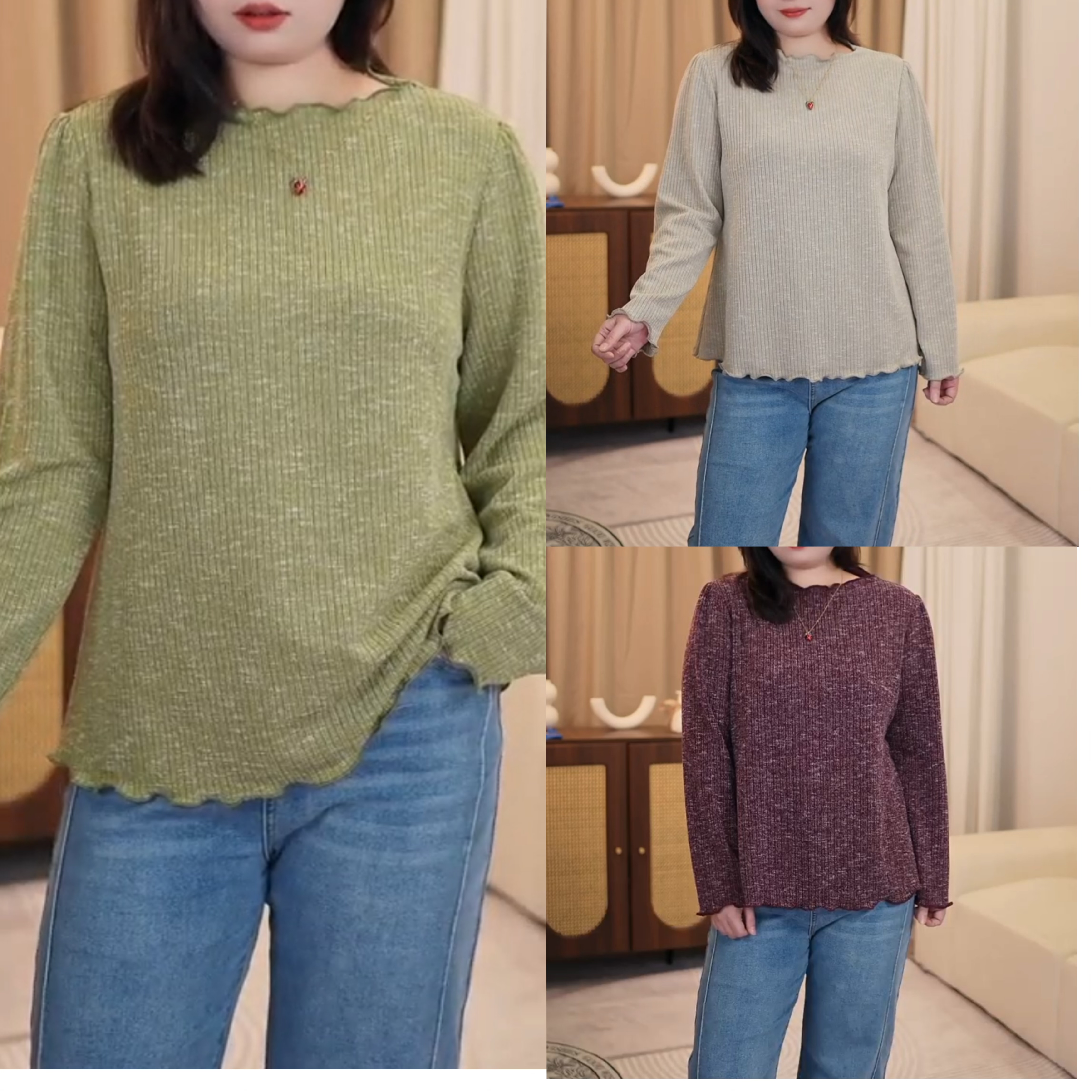 大码女装修身型磨毛长袖木耳边宽松型T恤高领女士绒衫宽松122