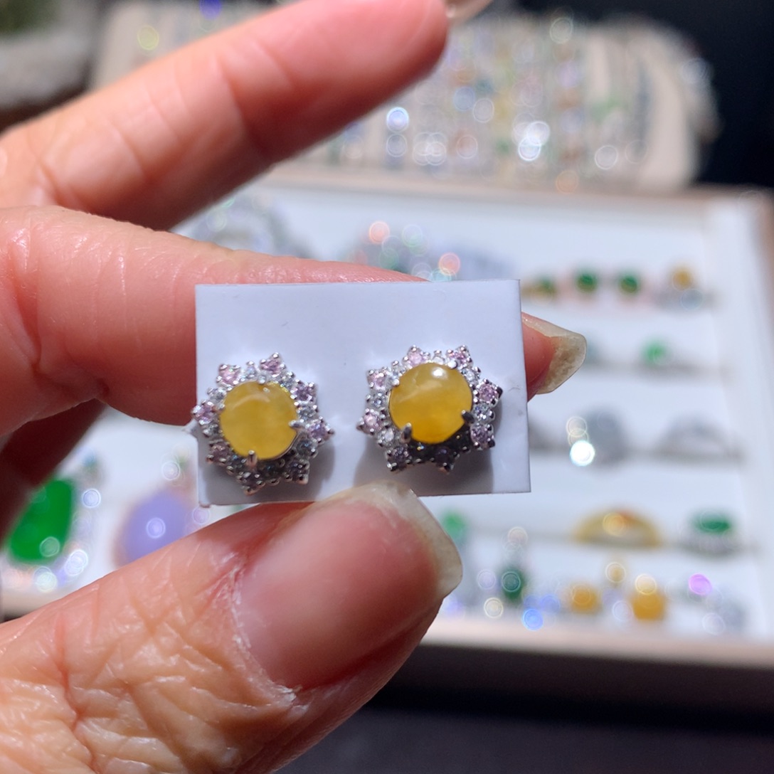 翡翠耳饰银S925镶嵌耳钉